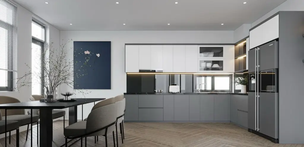 Phối cảnh 3D – tủ bếp dưới xám ghi, tủ trên trắng kịch trần, tủ lạnh âm tủ