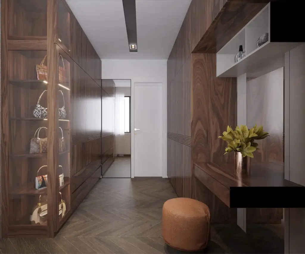 Phối cảnh 3D – hành lang tủ âm tường hai bên, sàn gỗ xương cá