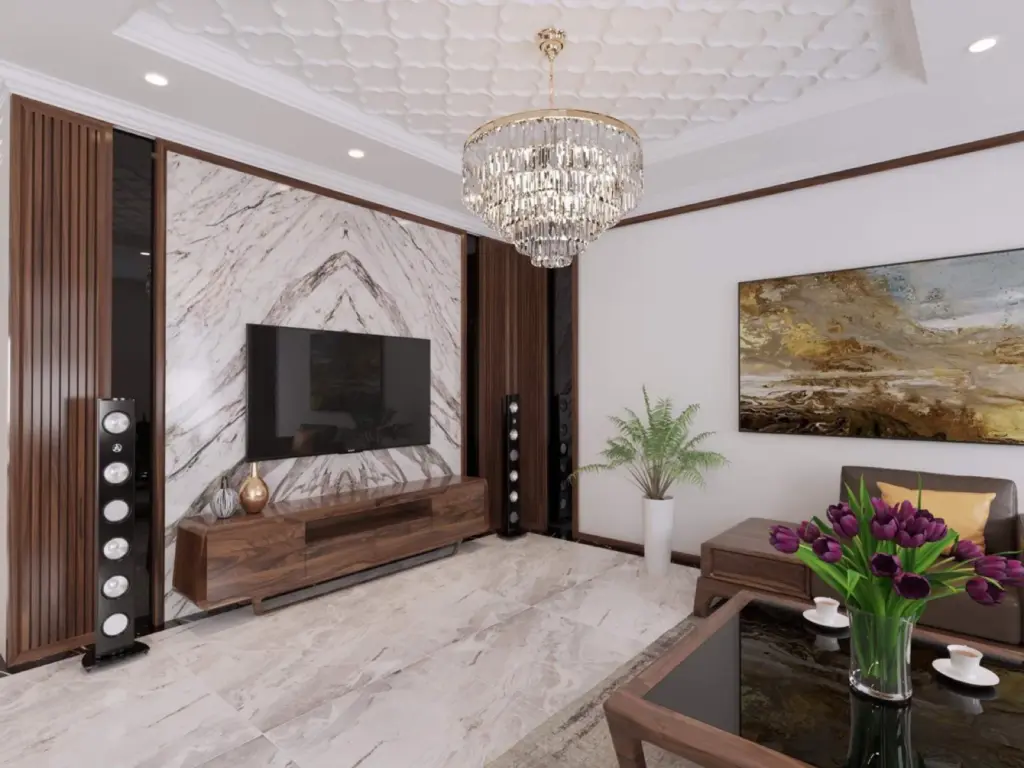 Phối cảnh 3D – phòng khách vách đá vân mây, lam gỗ, đèn chùm pha lê