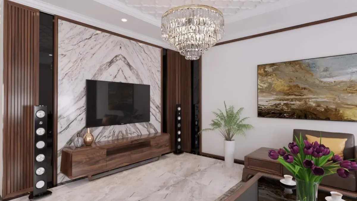 Phối cảnh 3D – phòng khách vách đá vân mây, lam gỗ, đèn chùm pha lê