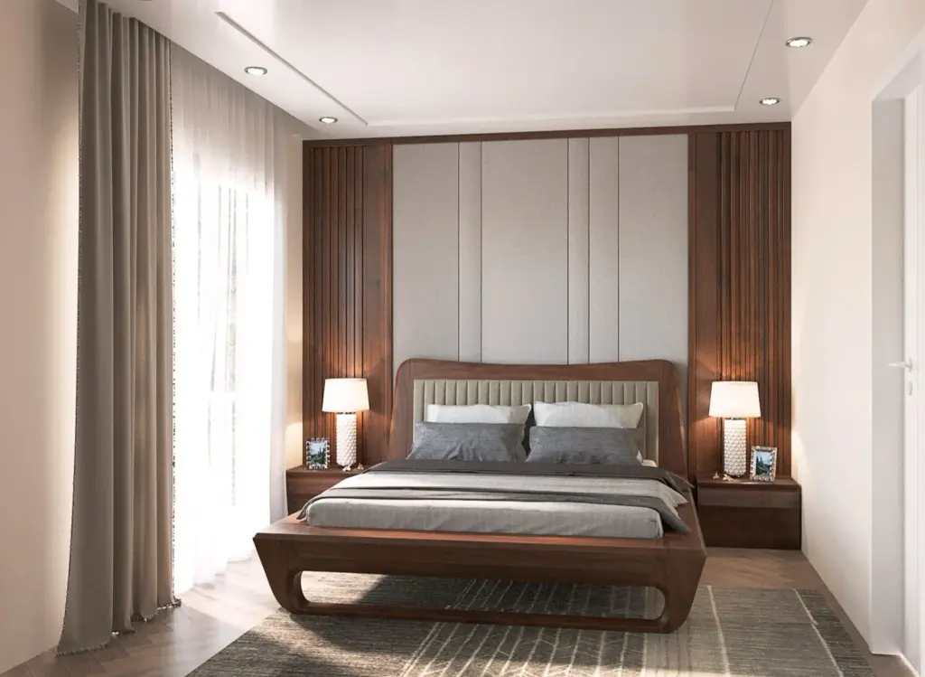 Phối cảnh 3D – phòng ngủ master giường gỗ chân cong, đầu giường bọc nệm, lam gỗ