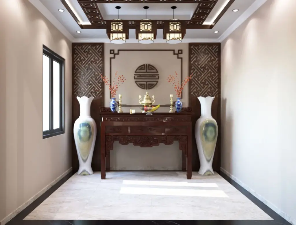 Phối cảnh 3D – phòng thờ bàn thờ gỗ chạm, vách và trần hoa văn, lục bình hai bên
