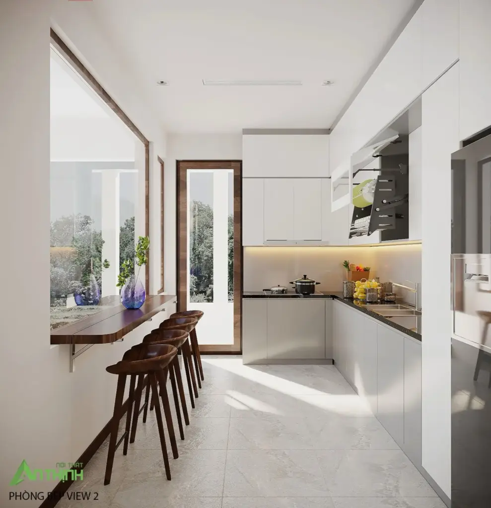 Phối cảnh 3D – bếp tủ trắng, quầy bar sát cửa sổ