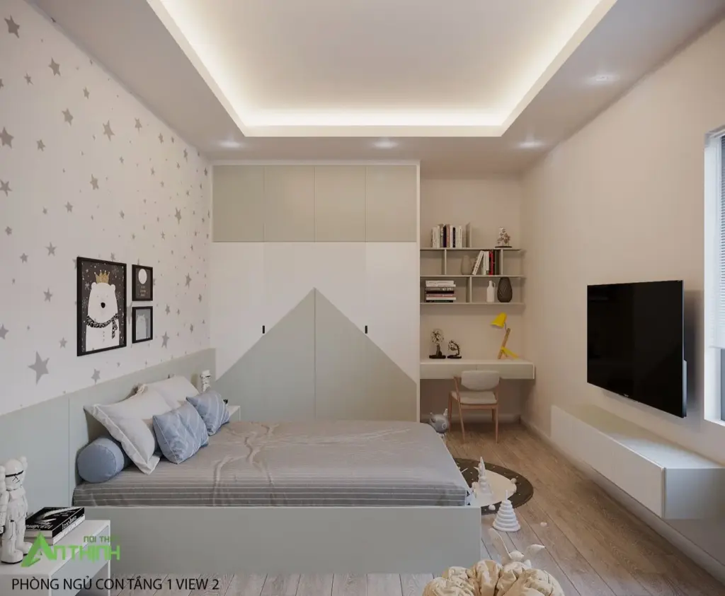 Phối cảnh 3D – phòng con tường hoạ tiết sao, tủ núi, bàn học