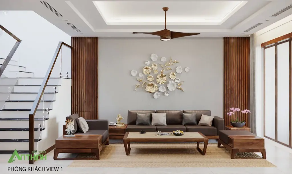 Phối cảnh 3D – phòng khách sofa khung gỗ cạnh cầu thang, vách ốp gỗ, quạt trần cánh gỗ
