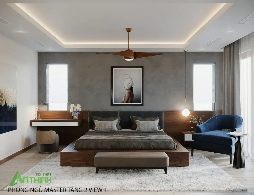 Phối cảnh 3D – phòng ngủ master giường bệt gỗ, đầu giường bọc nệm xám, tường xám