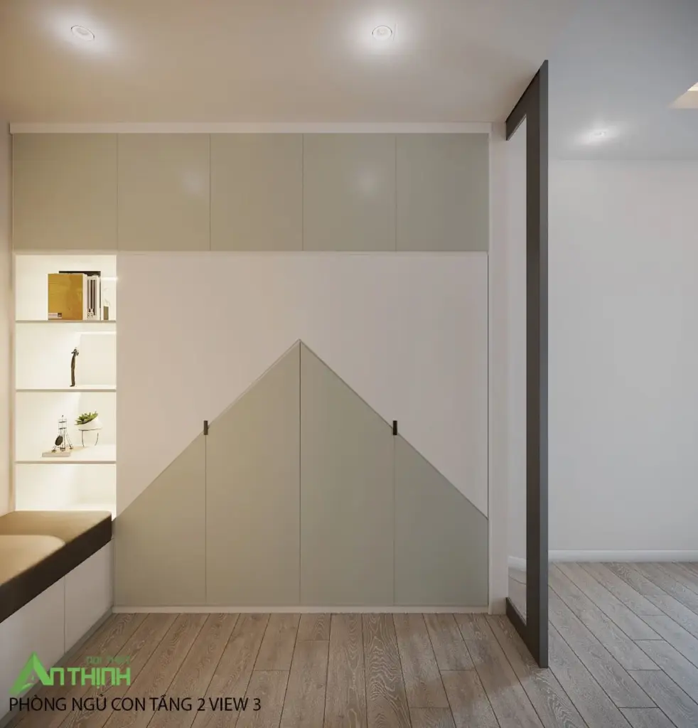 Phối cảnh 3D – tủ quần áo kịch trần hoạ tiết núi xanh rêu – trắng