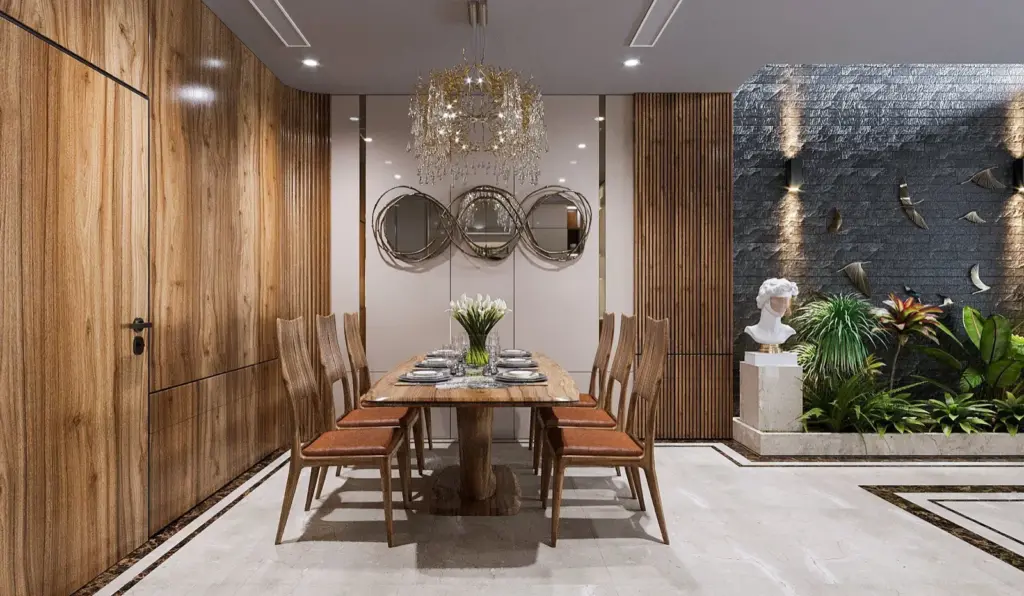 Phối cảnh 3D – bàn ăn gỗ trước mảng ốp gỗ có gương tròn trang trí