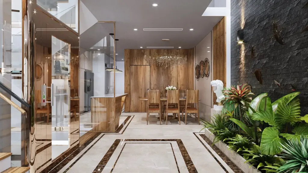 Phối cảnh 3D – hành lang cạnh thang máy kính nhìn về bàn ăn