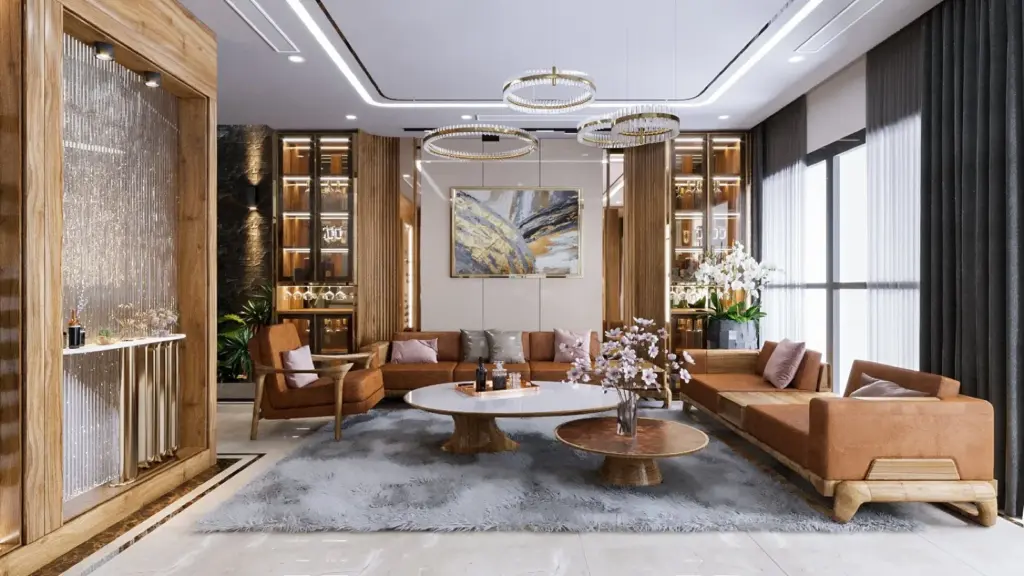 Phối cảnh 3D – phòng khách tầng 1 tông vân gỗ nâu, sofa da