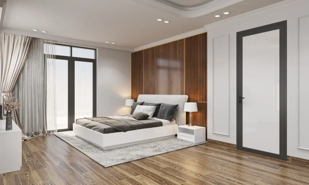 Phối cảnh 3D – khu giường ngủ, vách ốp gỗ