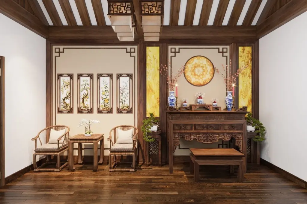 Phối cảnh 3D – Phòng thờ với bộ bàn ghế gỗ và tranh tứ bình