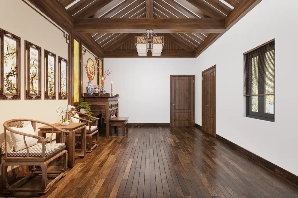 Phối cảnh 3D – Toàn cảnh phòng thờ trần gỗ lam mái dốc