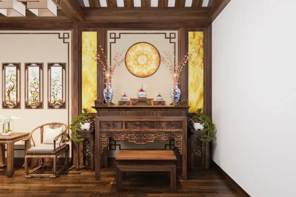 Phối cảnh 3D – Vách thờ khung hồi văn, hộp đèn hai bên