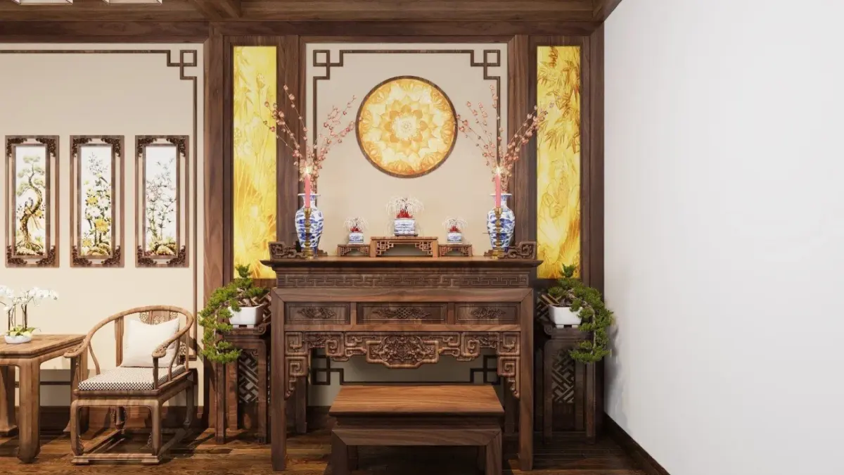 Phối cảnh 3D – Vách thờ khung hồi văn, hộp đèn hai bên