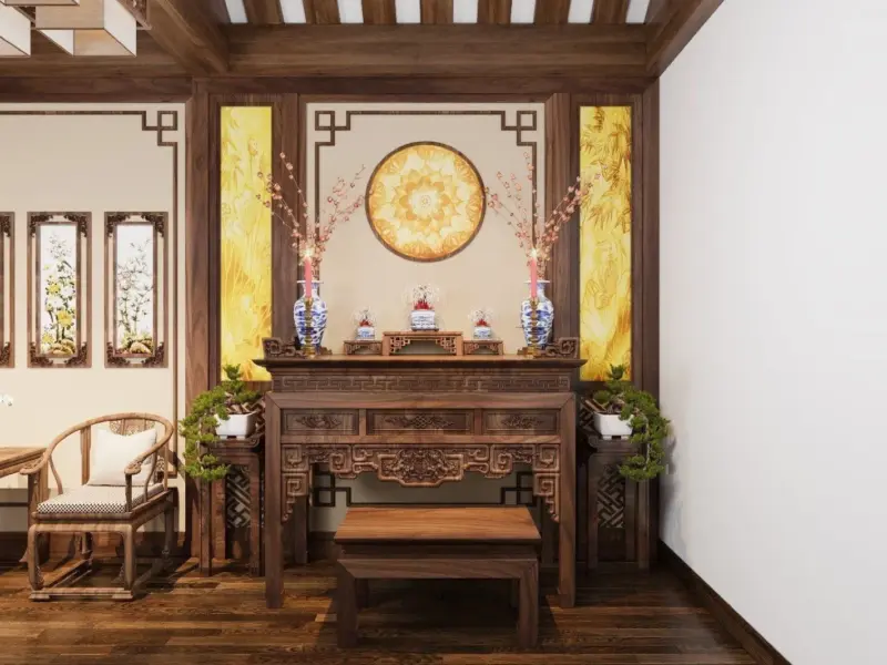 Thi công phòng thờ nhà anh Thuận – Uy Nỗ, Đông Anh: vách hồi văn, hộp đèn và trần gỗ lam