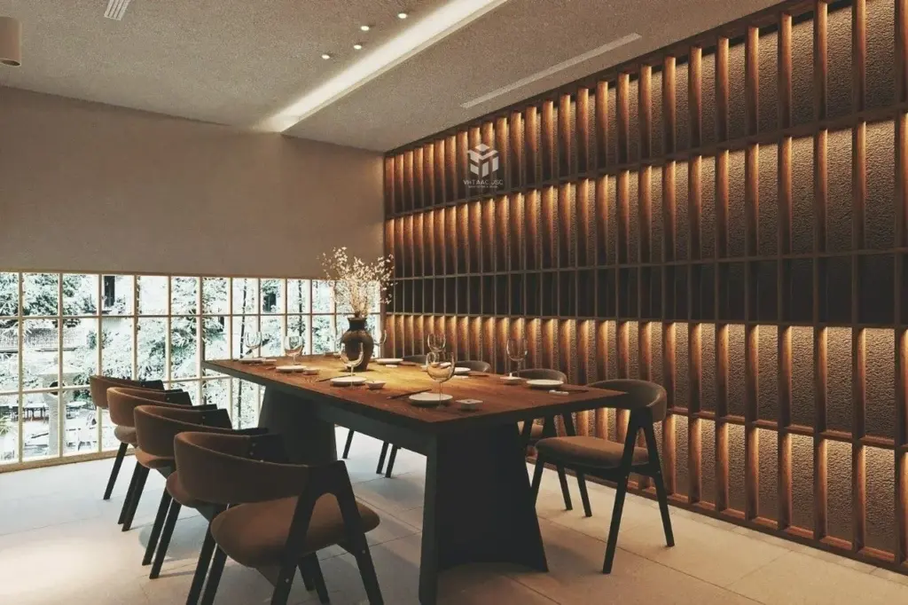 Phối cảnh 3D – phòng VIP nhà hàng Let's Sushi Phúc Yên: bàn gỗ dài, vách kệ gỗ đèn LED hắt, cửa kính nhìn ra sân vườn
