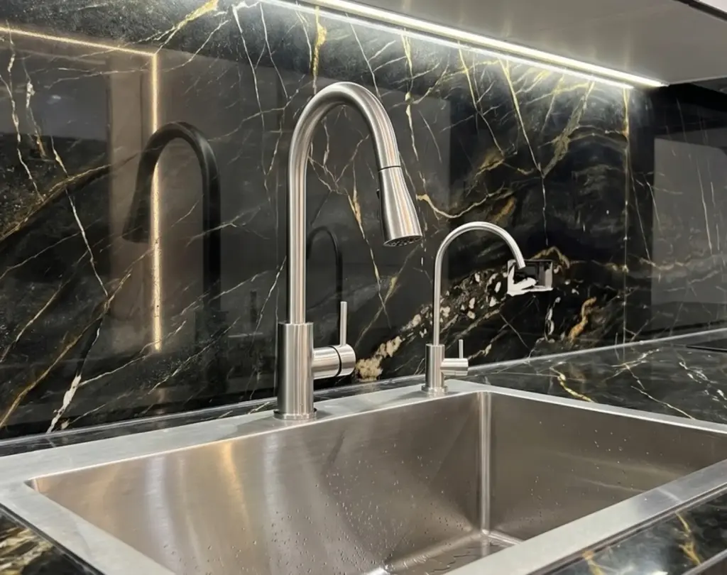 Ảnh thực tế – chậu rửa inox hộc lớn, vòi rút dây trên mặt đá đen vân vàng