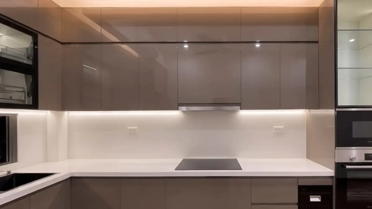 Ảnh thực tế – tủ bếp inox 304 chữ L cánh nhựa phủ Acrylic bóng gương nâu xám, LED dưới tủ