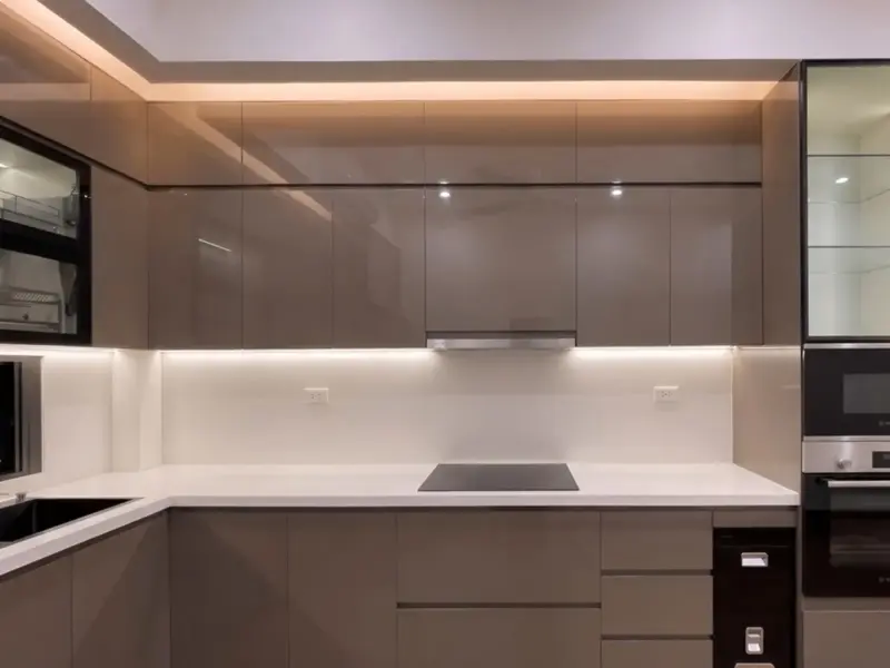 Tủ bếp inox 304 nhà anh Phúc – Mê Linh: cánh nâu xám bóng gương