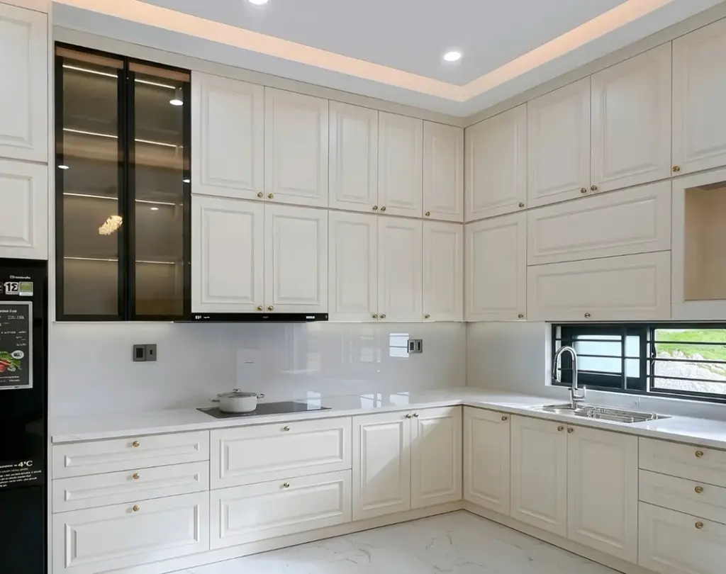 Ảnh thực tế – tủ bếp inox tân cổ điển trắng kem phào chỉ, tủ kính khung đen, nhà em Hậu, Ba Vì