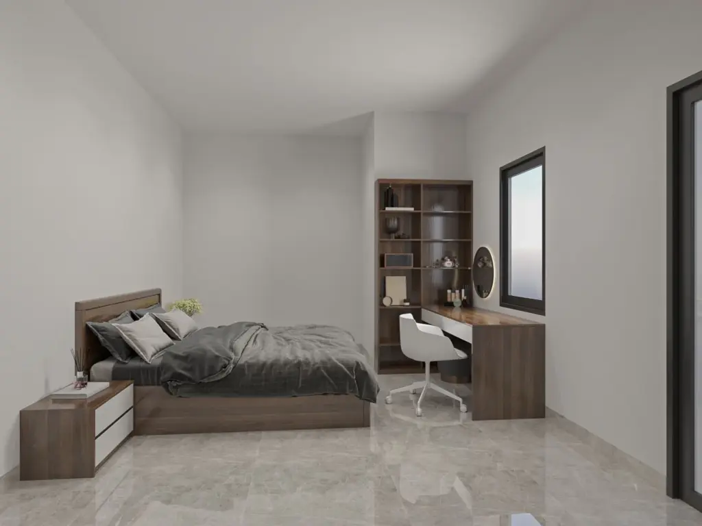 Phối cảnh 3D – bàn học liền kệ sách sát cửa sổ