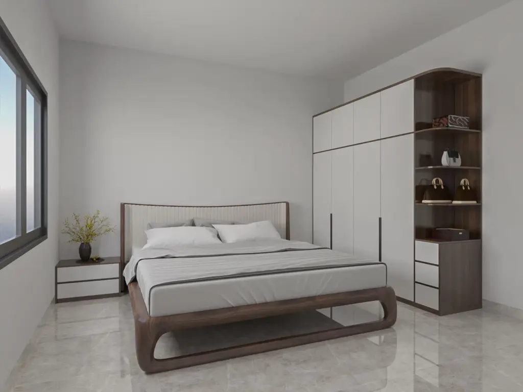 Phối cảnh 3D – giường gỗ chân cong đầu giường bọc nệm