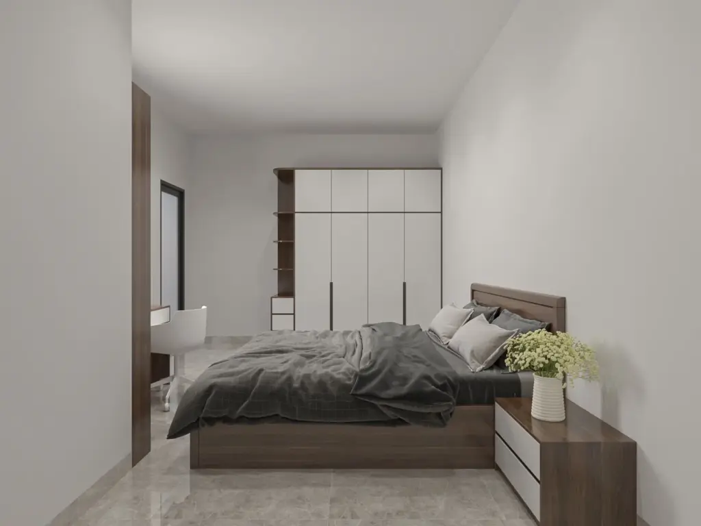 Phối cảnh 3D – phòng ngủ tủ quần áo cánh trắng phối vân óc chó, giường gỗ
