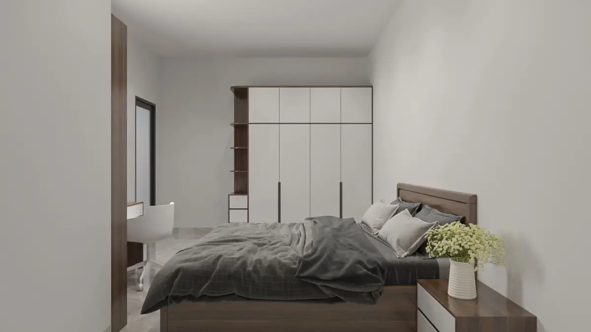 Phối cảnh 3D – phòng ngủ tủ quần áo cánh trắng phối vân óc chó, giường gỗ